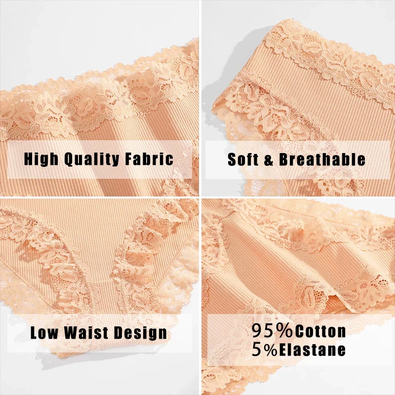 5PCS/Set Women Cotton Panties Sexy Lace Low Waist Briefs Stretch Comfortable Ladies Underwear Soft Breathable Intimate Lingerie