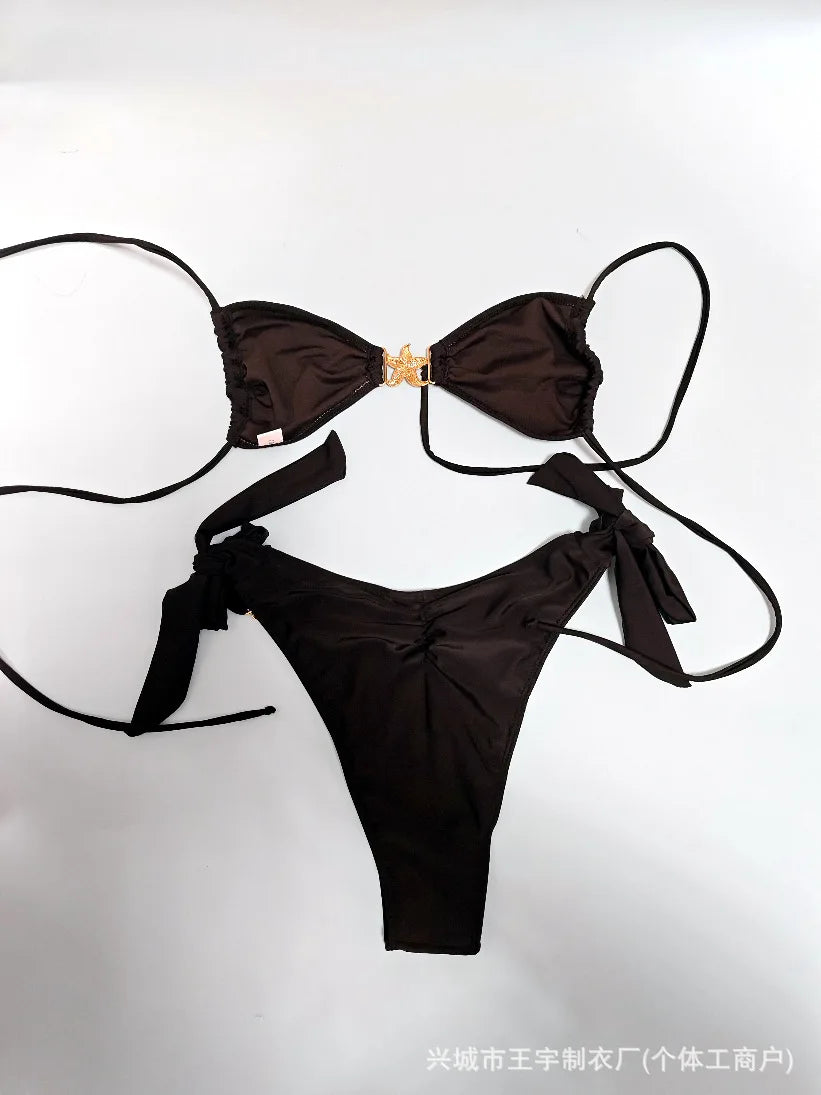 2025 Sexy Fashionable Swimsuit Women Solid Bikini Separable Backless Beach Swimming Suit Female's Black Swimwear Tankini Set