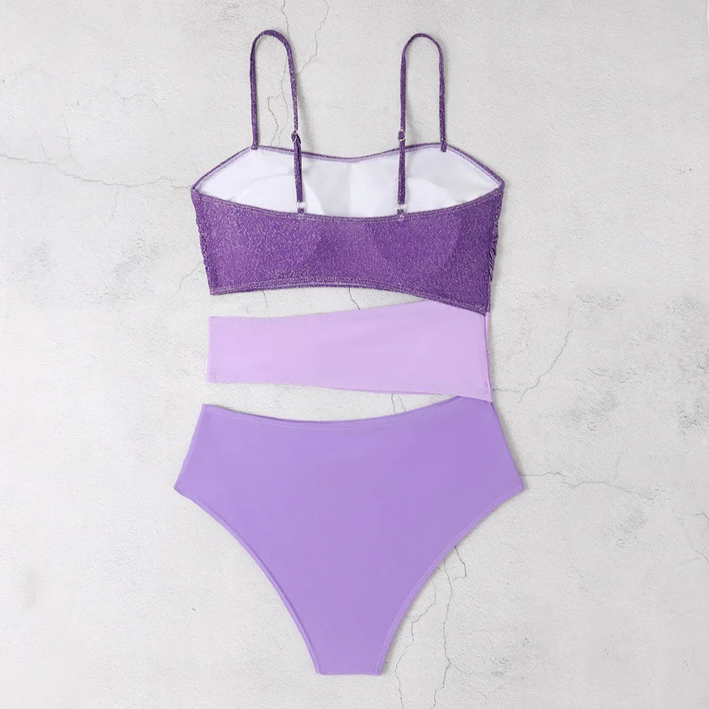 New Shiny Purple Contrast Swimsuit 2025 Women Halter Hollow Out Patchwork One Piece Swimwear Beach Bathing Suit Pleate Monokini