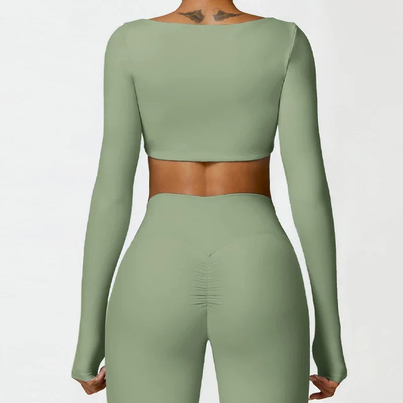 Hearuisavy Summer Casual Quick Dry Sportswear Women Square Neck Gym Top Women Fitness Sports Crop Top Long Sleeve Yoga Clothing