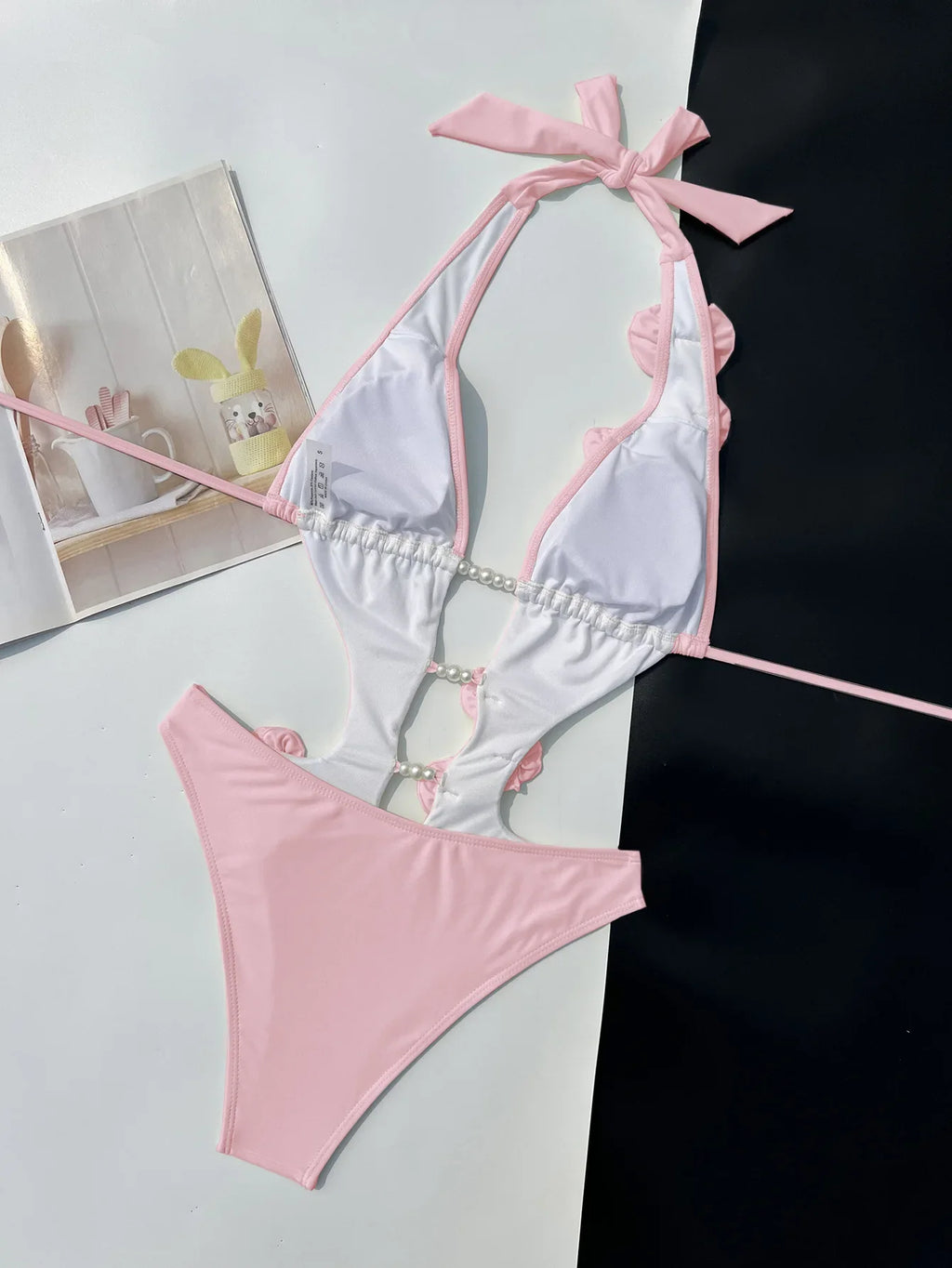 Sexy Pearls 3D Flower Deigner One Piece Swimsuit 2026 Women Beige Hollow Out Bandage Backless Bathing Suit Swimwear Monokini