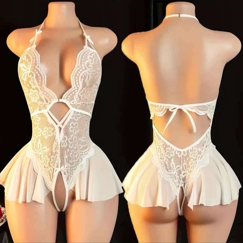 Pink Sexy Lingerie Women Hollow Open Bodysuit  Adult Apparel Teddy Crotchless Erotic Underwear One Piece V-neck Hot Lace Pajamas