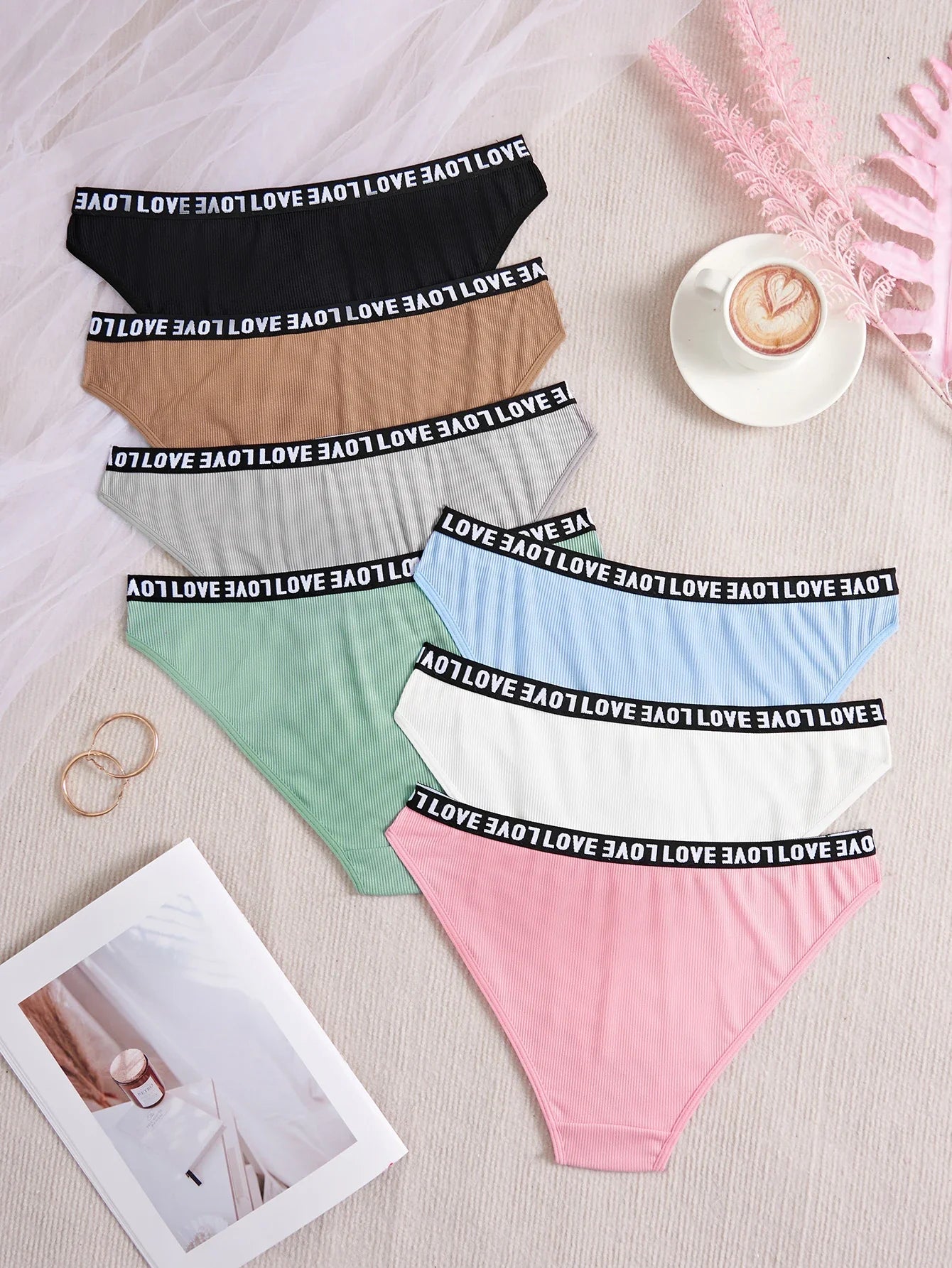 7-Pack Solid Color Everyday Sexy Ribbed Fabric Letter-Decorated Soft Women's Panties, Comfortable Elastic Briefs for Women, Sizes Xs-Xl