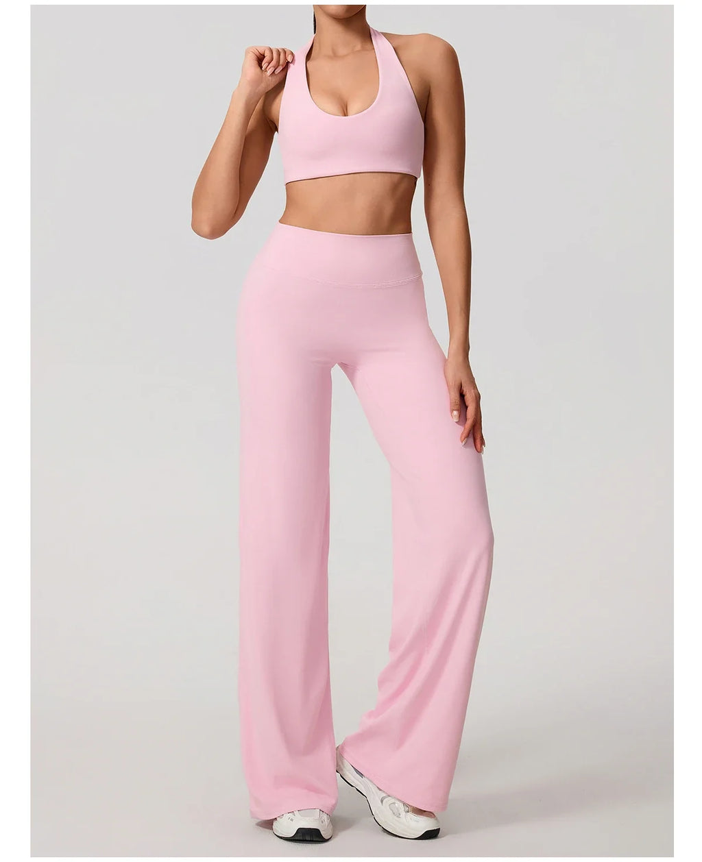 Hearuisavy Summer Yoga Set 2Pcs Women Breathable Backless Halter-Neck Sports Bra Push Up Pilates Fitness Top Straight Leg Pants