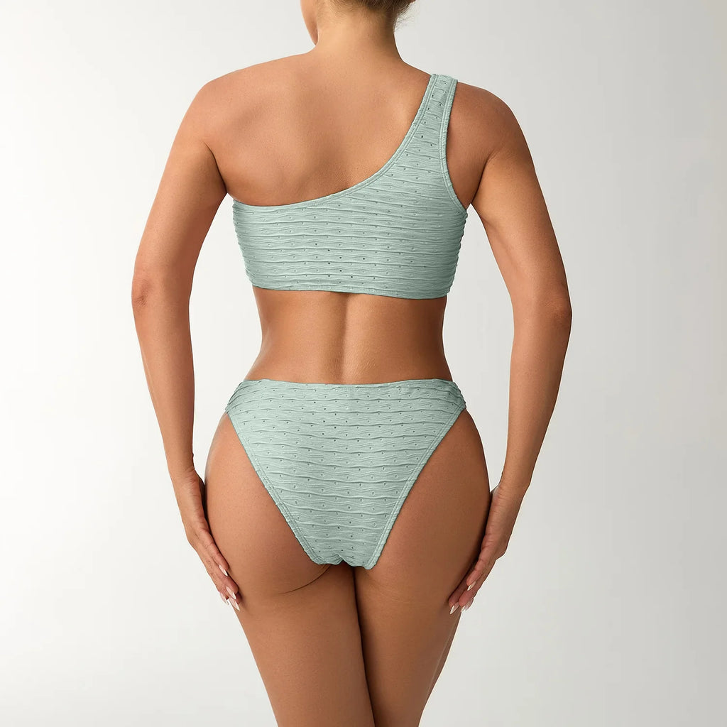 2026 New Style Breathable Quick Dry Solid Color Single Shoulder Bikini Sexy Swimsuit Women's High Elasticity Thickened Backless