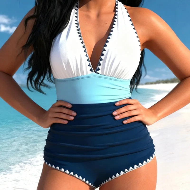Vintage White Patchwork Swimwear Women V Neck Pleate Tummy Control One Piece Swimsuit 2026 Beach Holiday Bathing Suit Monokini