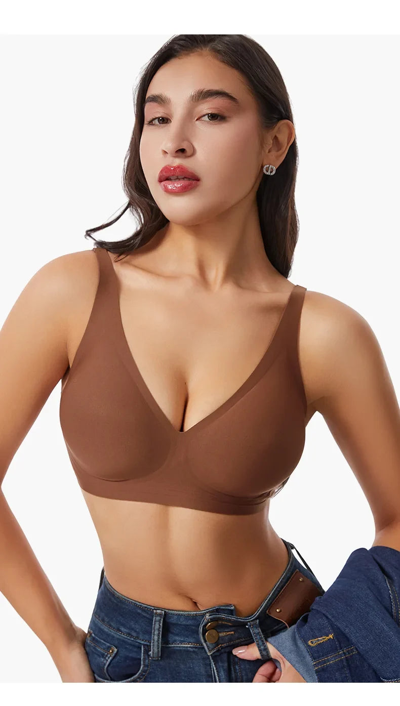 Women's Deep V Jelly Seamless Bra Wire-Free 3D Soft Support Thin Molding Leopard Print Solid Color Comfortable Bra Underwear