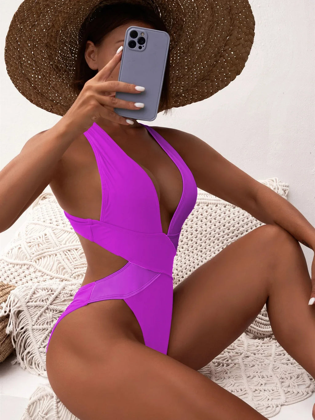 Deep V Neck One Piece Swimsuit Women Solid Red Black Criss Cross Backless Pleate Thong Bikini 2026 Beach Bathing Suit Swimwear