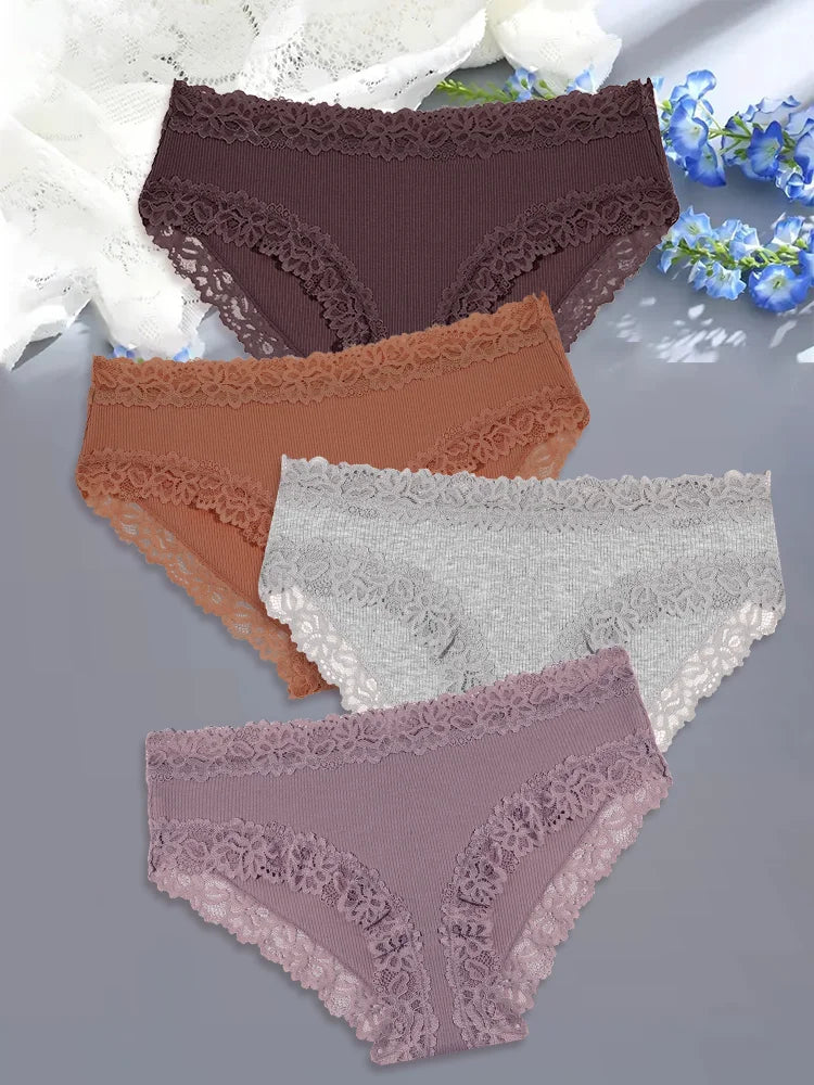 4Pcs Sexy Cotton Lace Panty Women Low Waist Panties Underwear S-XL Solid Color Ladies Briefs Lingere Underware Comfortable Women