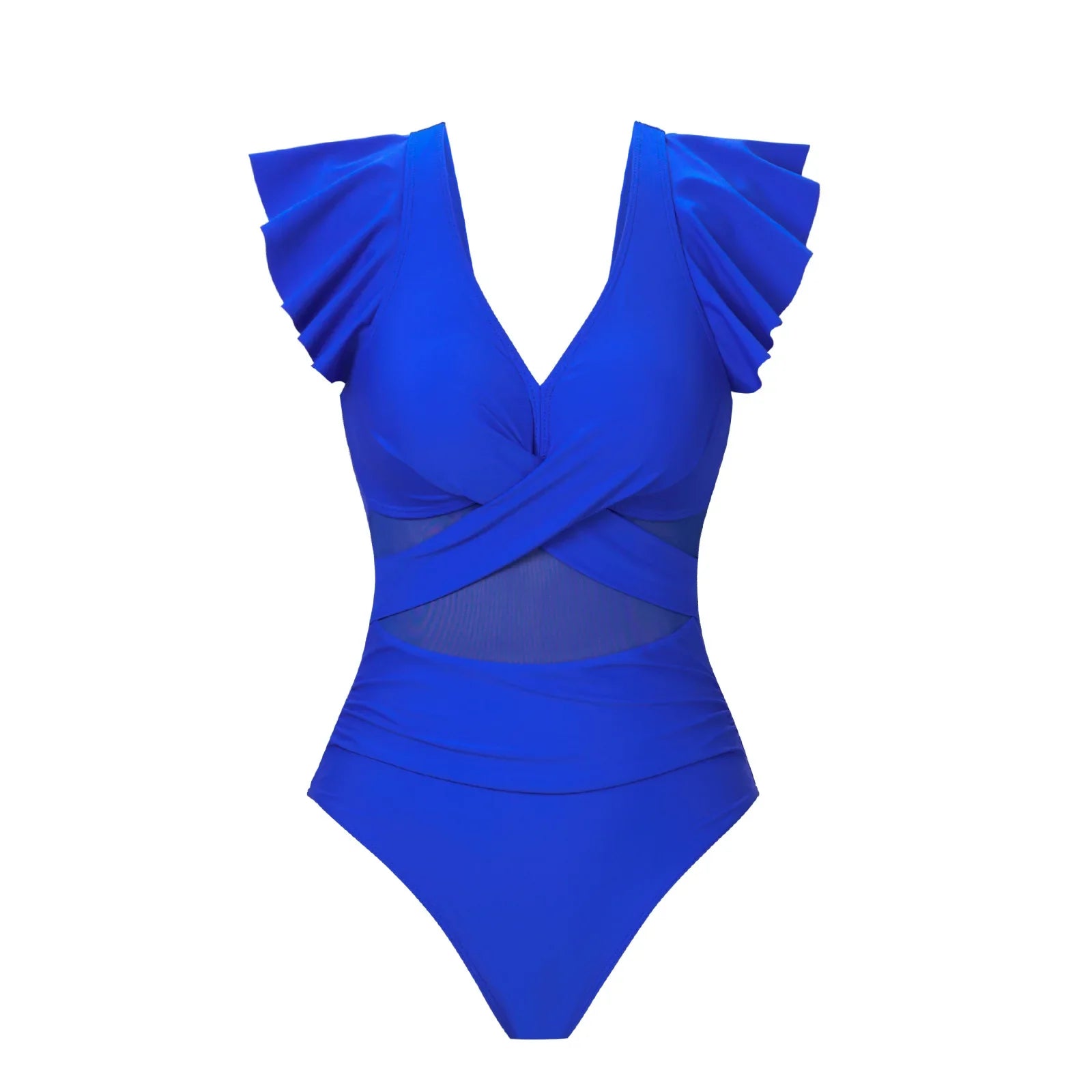 2026 Solid Women's Swimsuit Trend Tummy Control V Neck Sexy Black Bikini Ruched Bathing Suits Slim Fit Ruffle Sleeve Swimwear