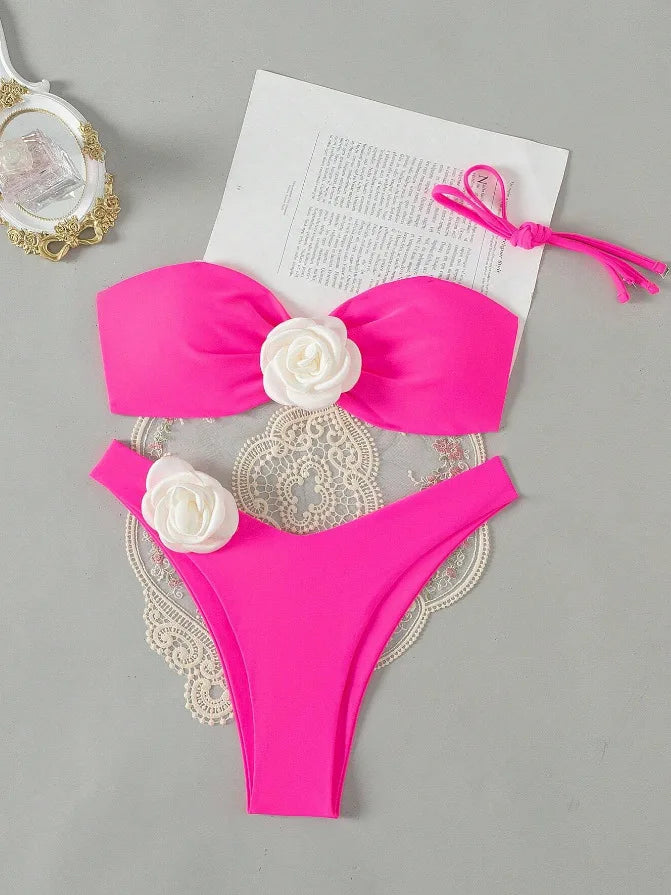 3D Flowers Bandeau Bikini 2024 Women Sexy Green Contrast Push Up Micro Swimsuit Bathers Bathing Suit Thong Swimwear Beachwear
