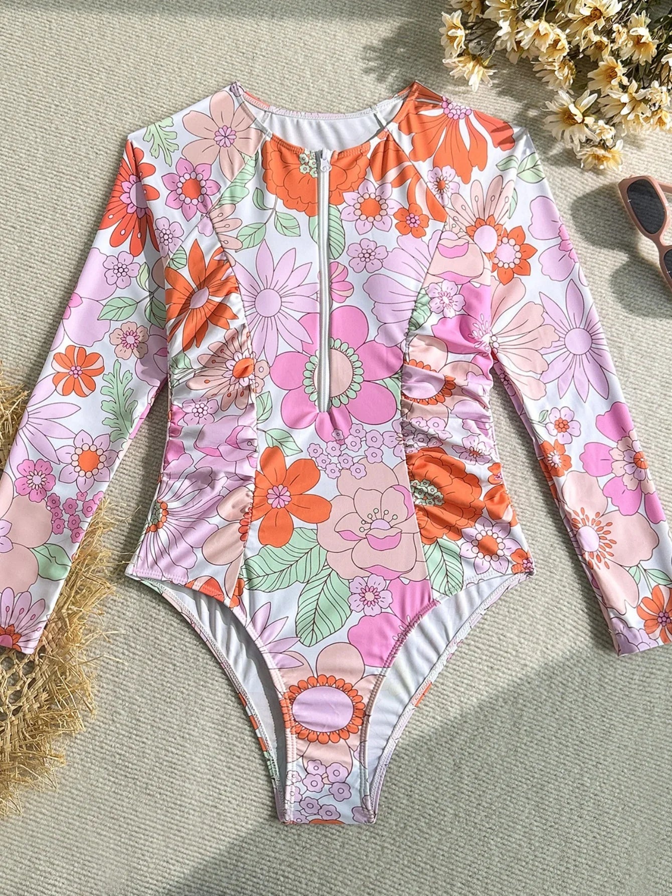 Vintage Pink Floral Print Swimwear Women 2026 Front Zipper Long Sleeve Sunscreen One Piece Swimsuit Bathing Suit Surf Monokini