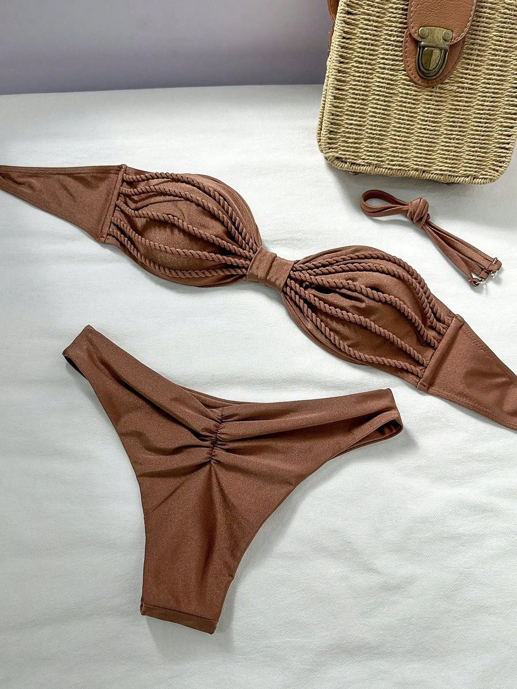 Sexy Bandeau Bikini 2026 Women Coffee Braiding Rope Pleate Tie Push Up High Waist Swimsuit Beach Holiday Bathing Suit Swimwear