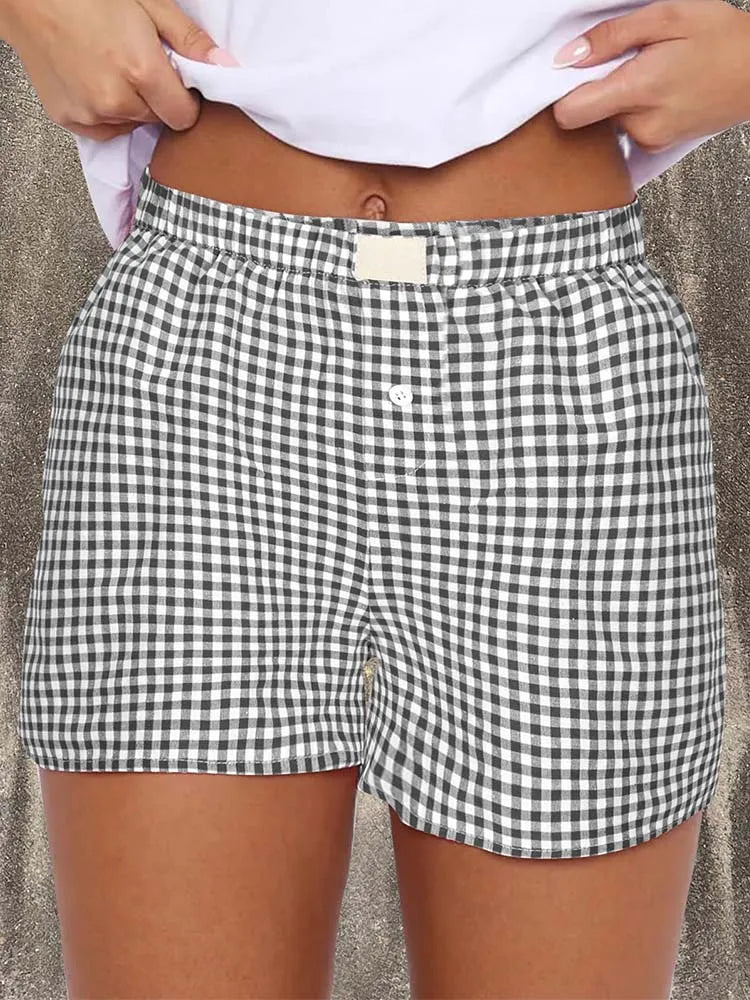 Teen Girls Plaid Shorts Elastic Waistband Pull-On Casual Lounge Summer Outfit Red Blue Color Women's Fashion