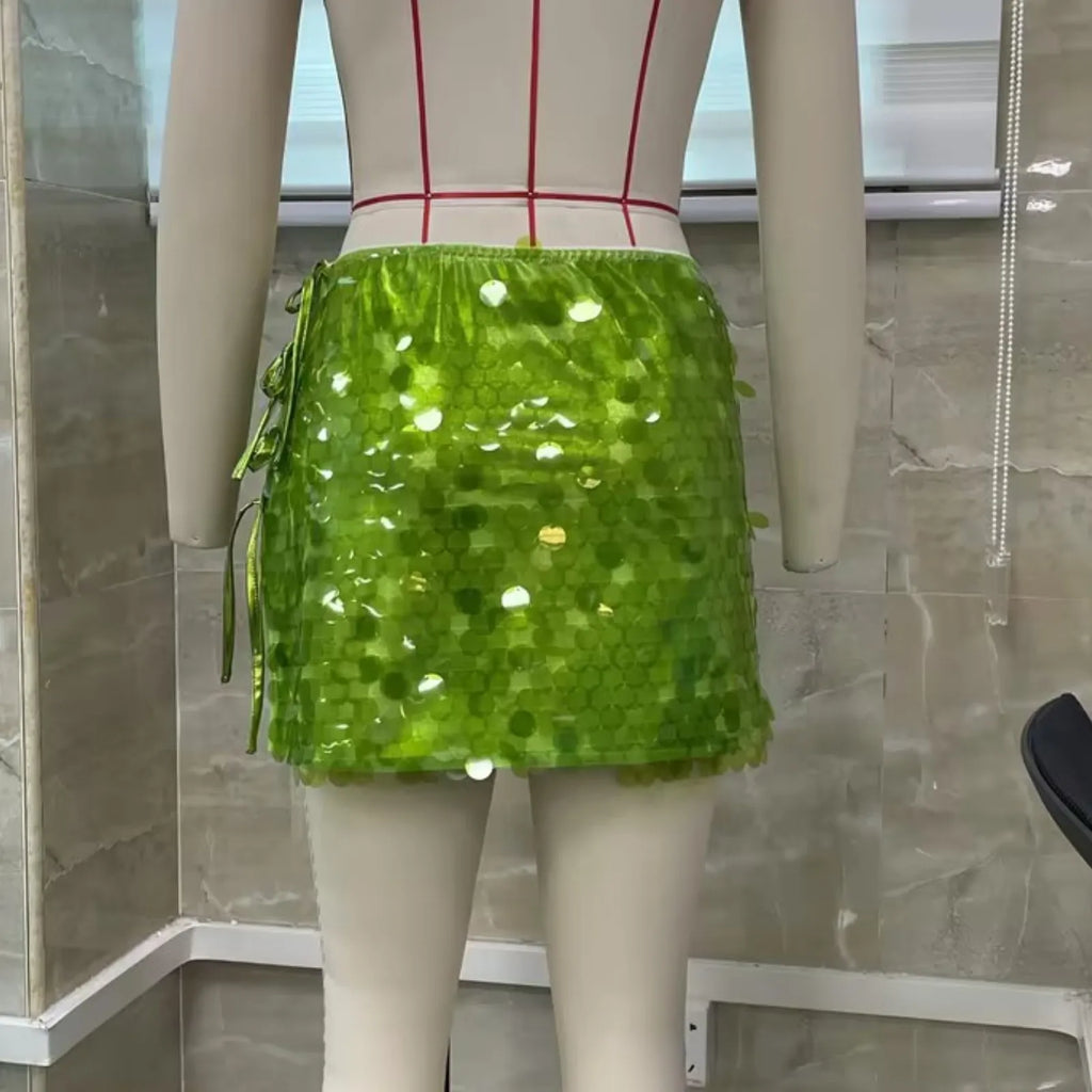 Sequin Mini Skirts for Women Summer Shiny Bandage Short Skirts Side Split Tie Up Skirt Y2K Party Clubwear Streetwear