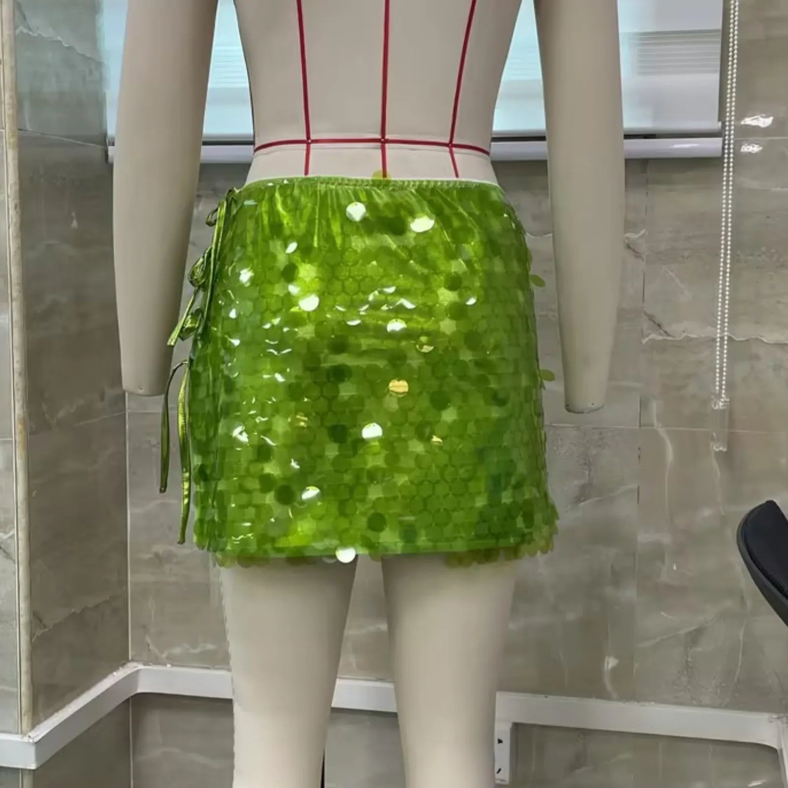 Sequin Mini Skirts for Women Summer Shiny Bandage Short Skirts Side Split Tie Up Skirt Y2K Party Clubwear Streetwear