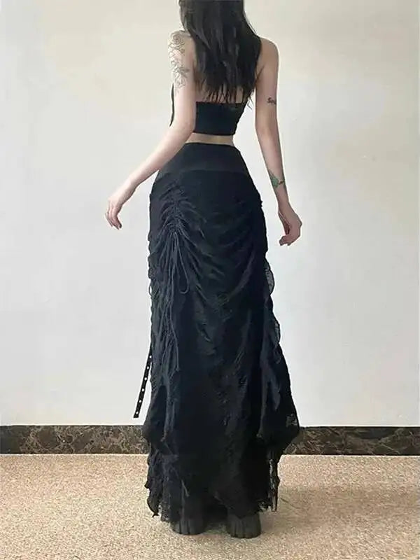 Y2K Lace Mesh Long Skirt Women Harajuku Vintage Patchwork Bandage Black Skirts Gothic Aesthetic High Waist Chic Long Skirts ODU6