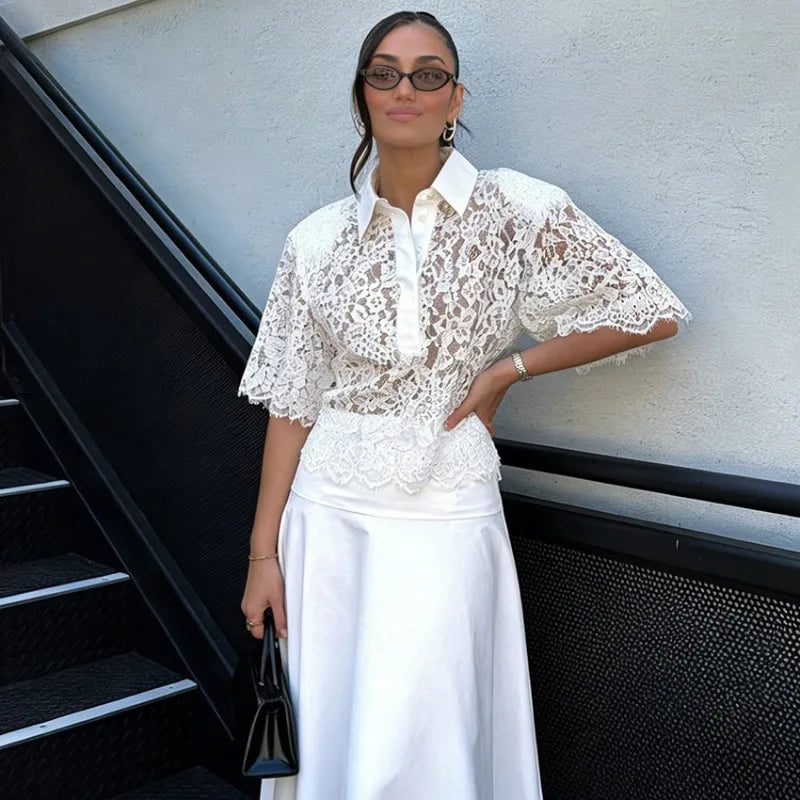 Trendix Lace Short Sleeve Blouse Women Summer Commuting Hollow Out Button Pullover Tops Street Casual Sheer Party Elegant Shirts
