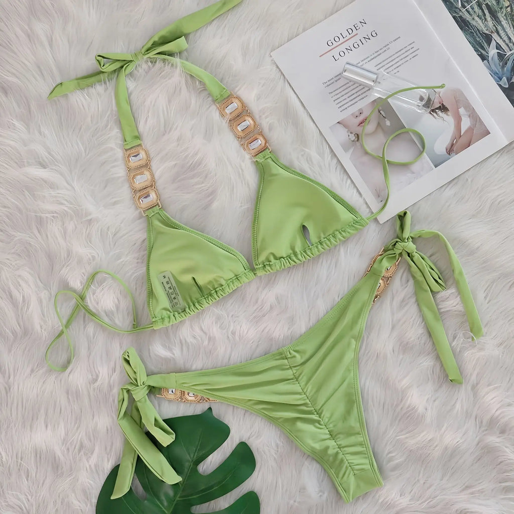 Sexy Rhinestone Bikini Set Women 2026 Luxury Pink Crystal Diamond Push Up Bandage Thong Swimsuit Beach Bathing Suit Swimwear