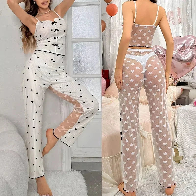 2-Piece Women's Sexy Transparent Mesh Lace Set with Ribbed Printed Strap Top and Pants Home Clothes Pajama Set