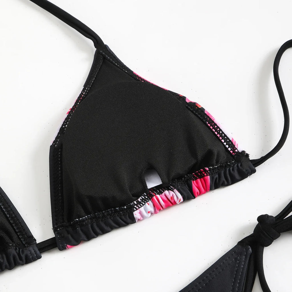 Sexy Micro Bikini 2025 Women Black Floral Print Push Up Bra Tie Side Thong Swimsuit Brazilian Beach Bathing Suit Pool Swimwear