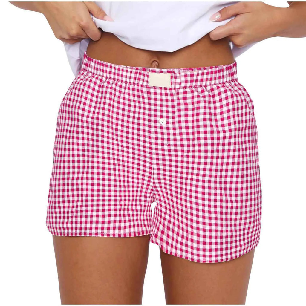 Teen Girls Plaid Shorts Elastic Waistband Pull-On Casual Lounge Summer Outfit Red Blue Color Women's Fashion