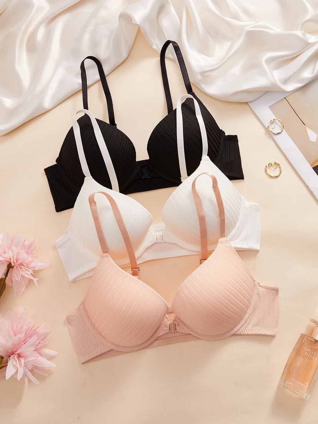 1 3 5Pcs Pure and Simple Everyday Solid Bra Push up Sexy Bras Ribbed Fabric with Unlined Sweet Women's Underwear