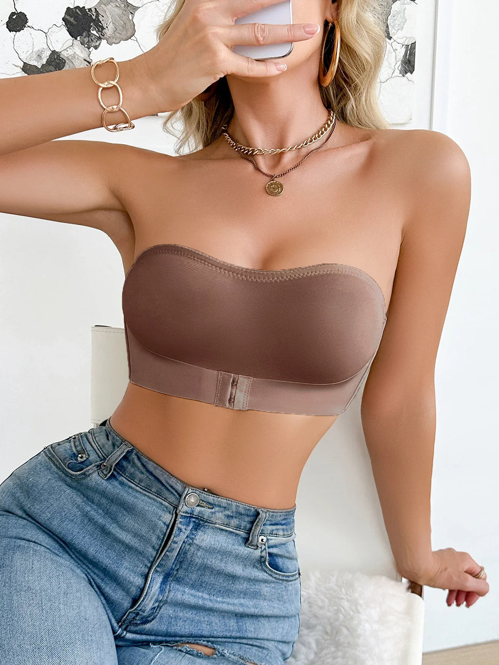 Summer Solid Color Strapless Wireless Women's Bra Bralette Front-Clasp Push up Bra Comfort Unpadded Bras
