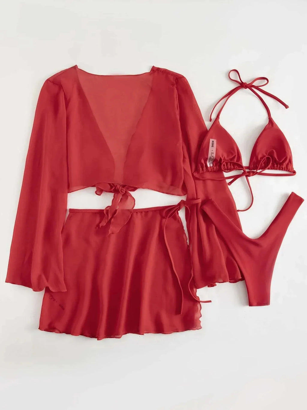 4pcs Red Bikinis Sets Women Mesh Long Sleeve Cover Up with Skirt Swimsuit 2024 Summer Push Up Beach Bathing Suit Thong Swimwear