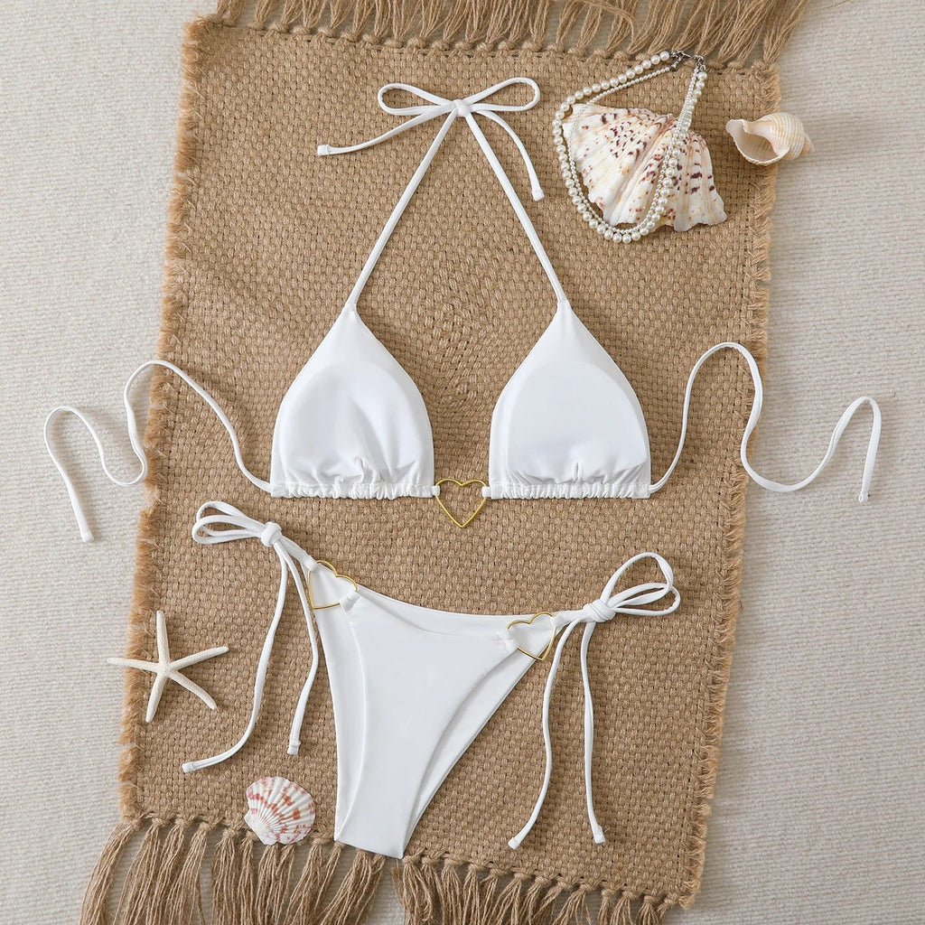 Sexy Metal Heart Ornament Bikini Set 2026 Women Blue Pink Halter Push Up Bra Thong Swimsuit Beach Bathing Suit Vacation Swimwear