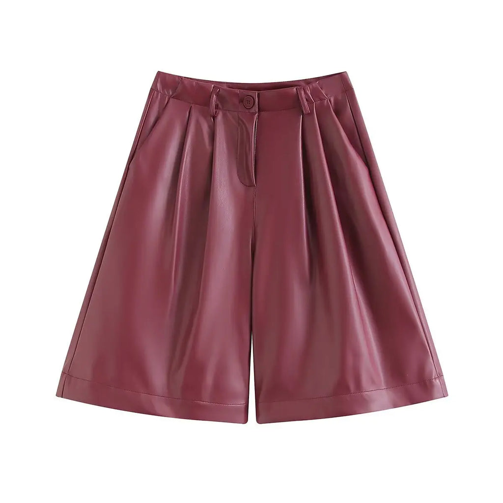Burgundy Leather Wide Leg Shorts For Women High Waist With Pockets Stylish Daily Simple Casual Leather Button Zipper Shorts GQ6I