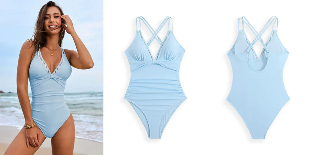 Sexy Yellow Swimwear Women 2025 Deep V Neck Slimming Pleate Tummy Control One Piece Swimsuit Beach Bathing Suit Holiday Monokini