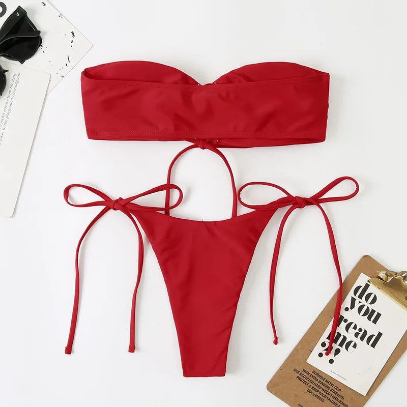Sexy Bandeau Bikini Swimwear Women Red Black Pleate Lace Up Swimsuit 2024 Cut Out Beach Bathing Suit Tie Side Thong Bikinis Sets