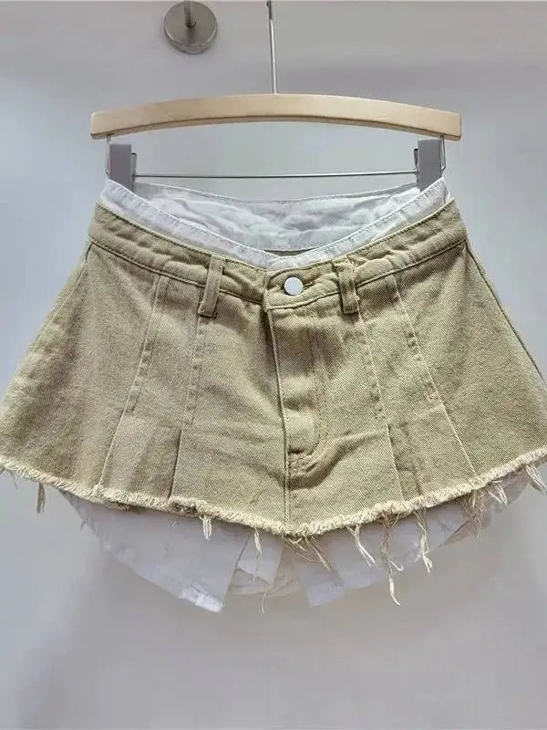 New Fashion Women's Irregular Fake Two-piece A-line Mini Denim Skirts 2026 Autumn Trendy High Waist Skirt Female Fashion XHV4