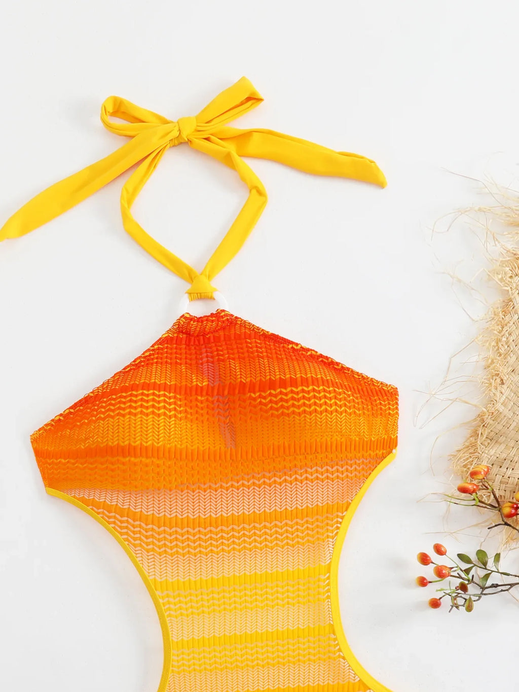 Sexy Orange Gradient Swimsuit Women Hollow Out Backless Lace One Piece Swimwear 2025 Beach Bathing Suit Drawstring Side Monokini