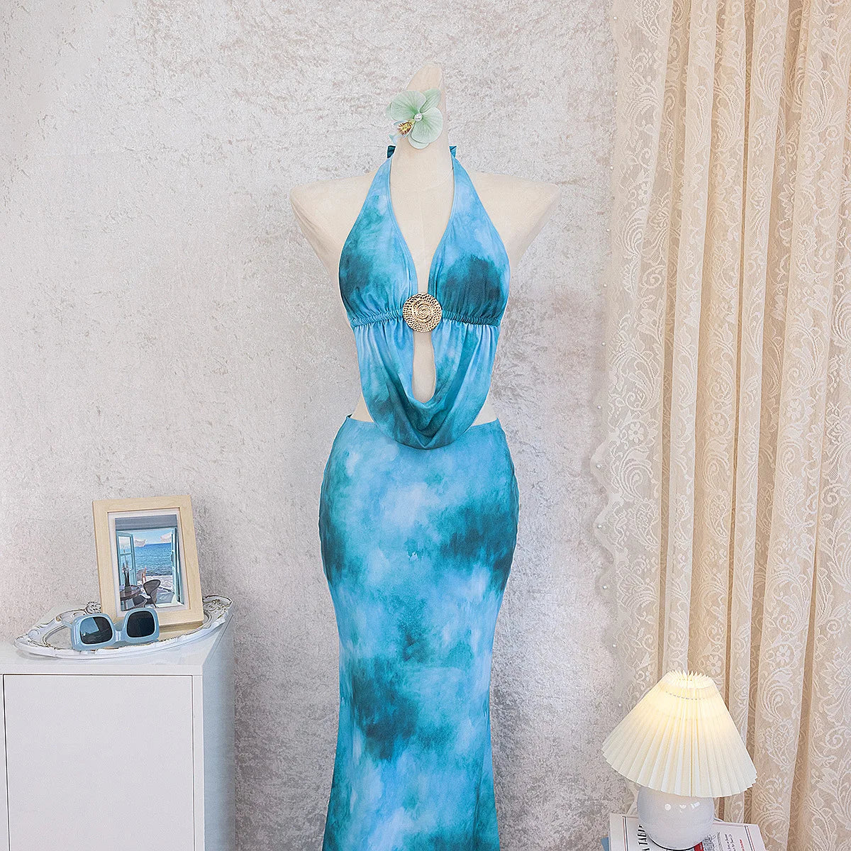 Sexy Blue Tie Dye Gradient Bikini Set Women Metal Circle Ornament Push Up Long Skirt Swimsuit Beach Bathing Suit Swimwear 2026