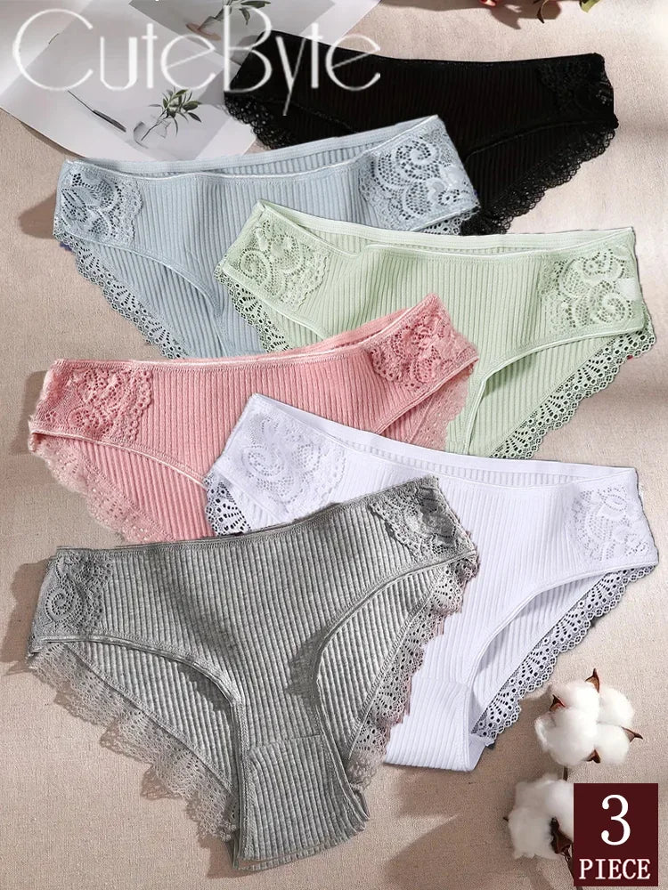 New 3Pcs/set Women's Cotton Panties M-2XL Women Patchwork Lace Underwear Sexy Low Waist Briefs Ladies Comfortable Underpants