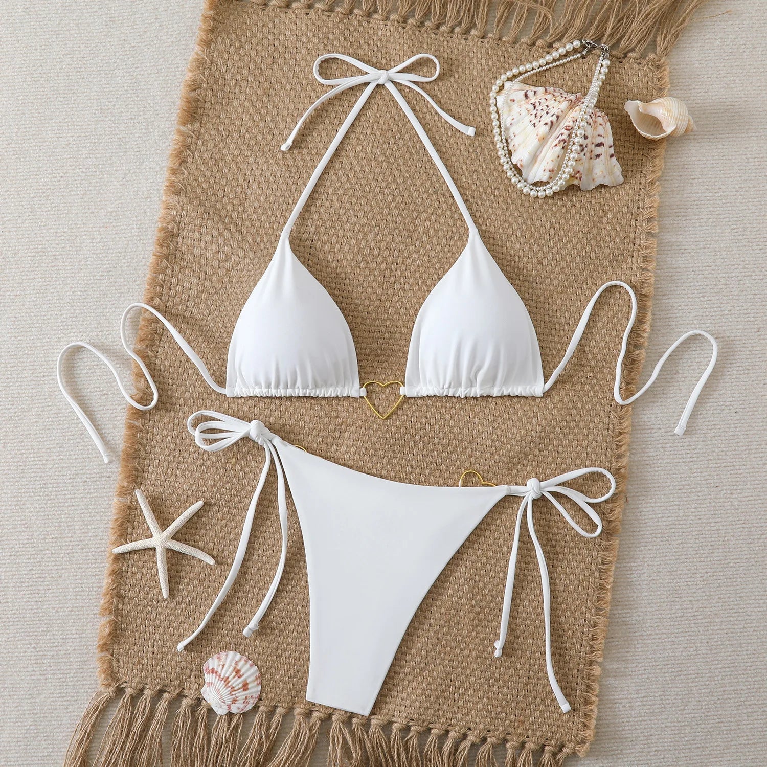Sexy Metal Heart Ornament Bikini Set 2026 Women Blue Pink Halter Push Up Bra Thong Swimsuit Beach Bathing Suit Vacation Swimwear
