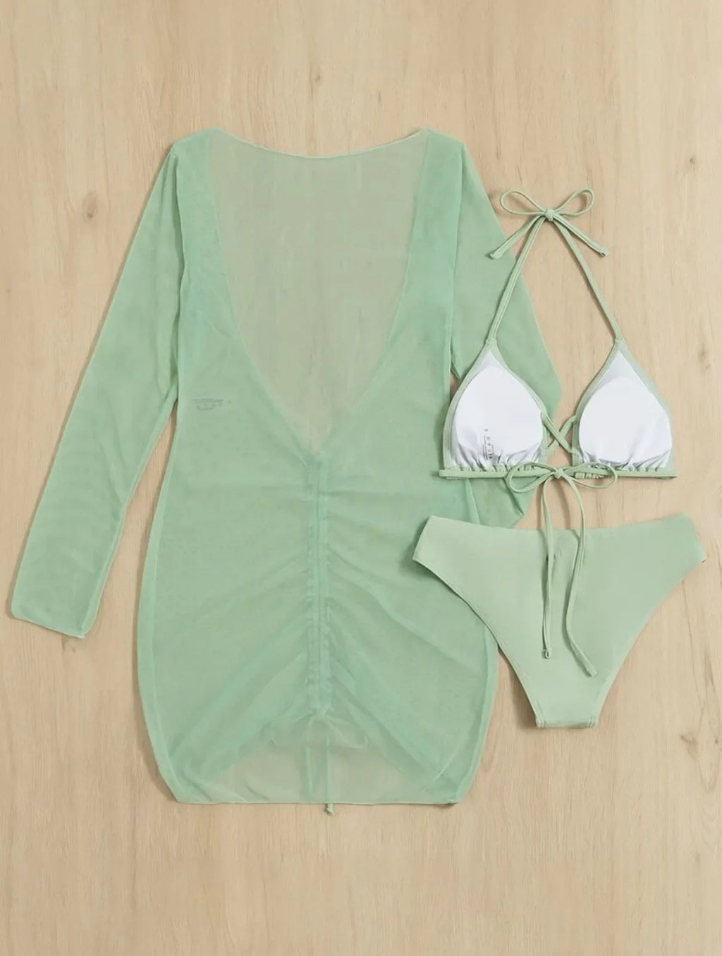 Long Sleeves Dress Bikini Set 2025 Women Neon Green Lace Up 3 Pieces Swimsuit Brazilian Bathing Suit Pleate Cover Up Swimwear