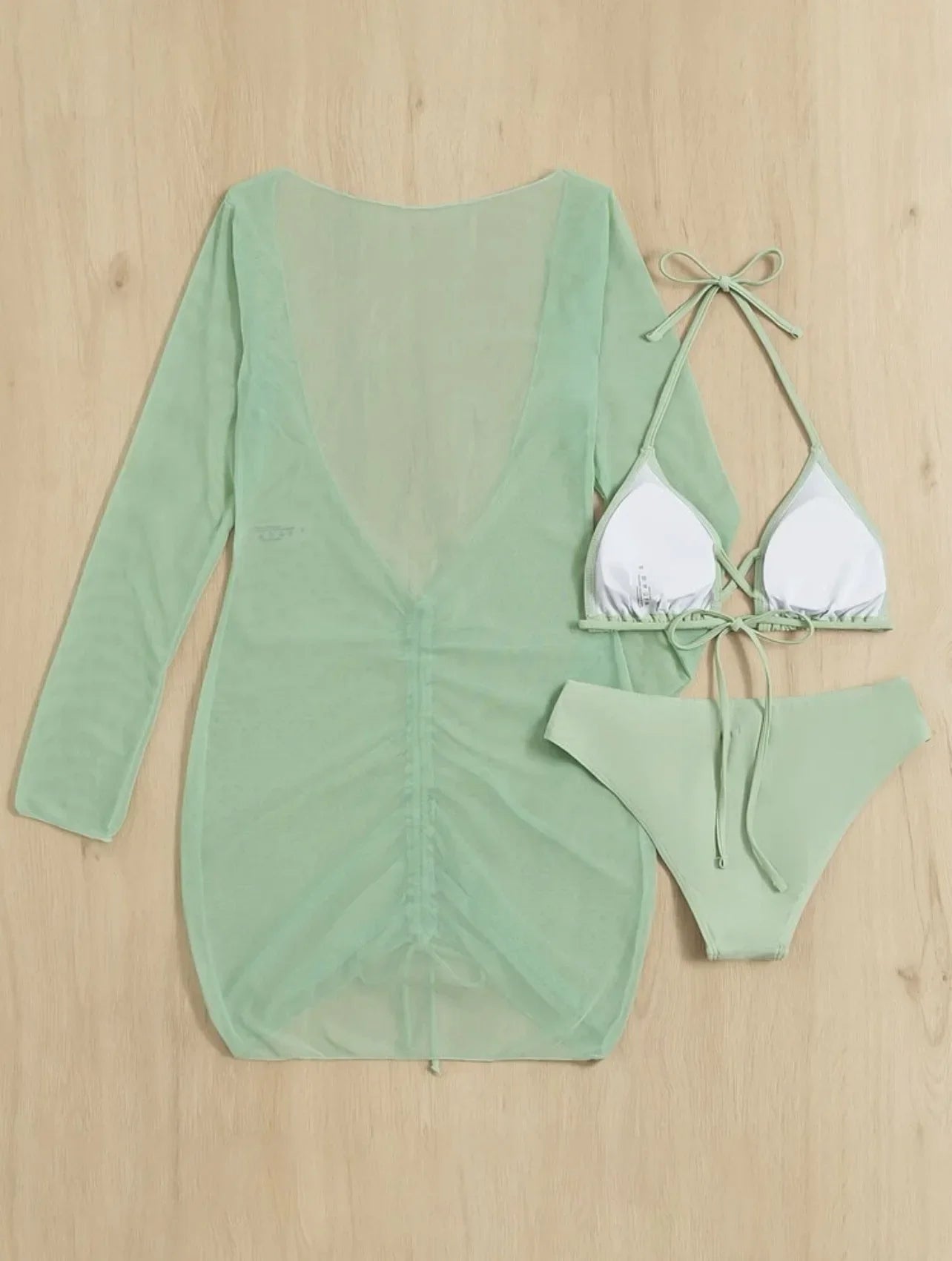 Long Sleeves Dress Bikini Set 2025 Women Neon Green Lace Up 3 Pieces Swimsuit Brazilian Bathing Suit Pleate Cover Up Swimwear