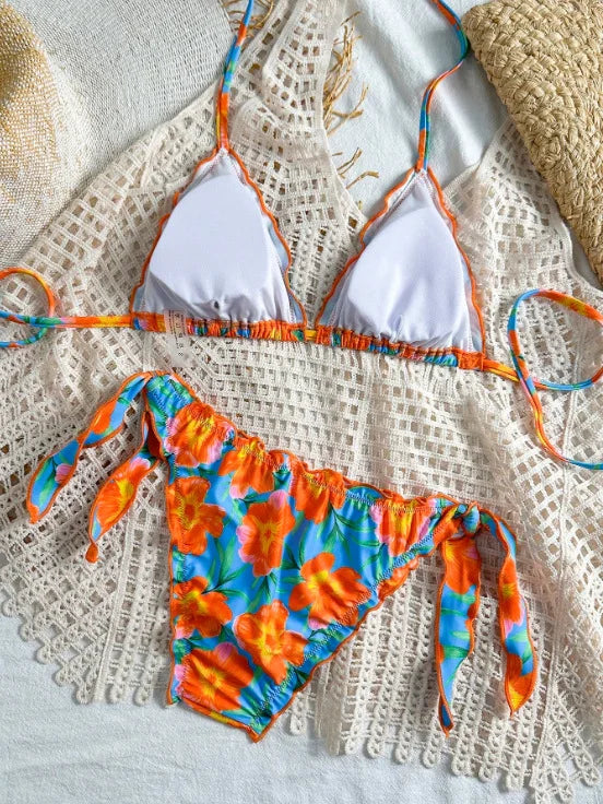 Cute Orange Floral Print Bikini Set Women Halter Ruffles Push Up Tie Side Thong Swimsuit 2026 Summer Bathing Suit Micro Swimwear