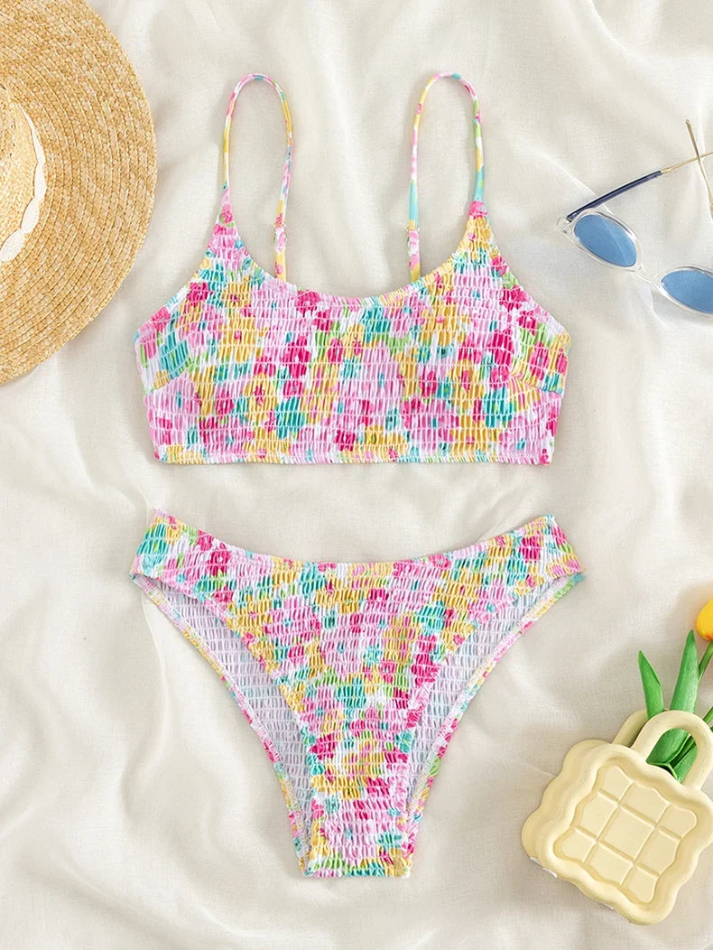 Sexy Pink Floral Print Bikini Set 2024 Women Halter Pleate Push Up High Waist Swimsuit Brazilian Bathing Suit Two Piece Swimwear
