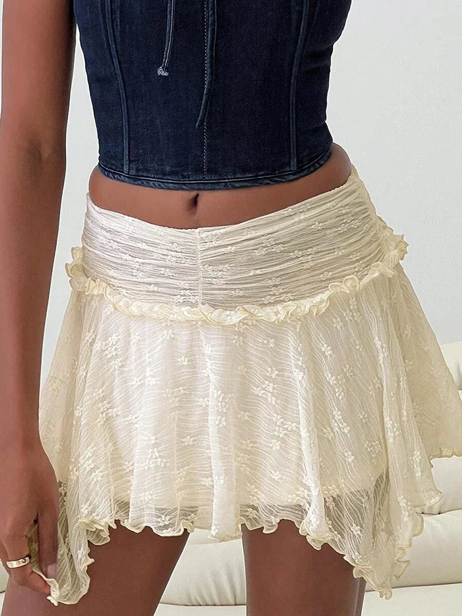 Women's Solid Color Gothic Mini Skirts Lace Ruched High Waist Skirts Spring Summer Irregular Hem Casual Skirts