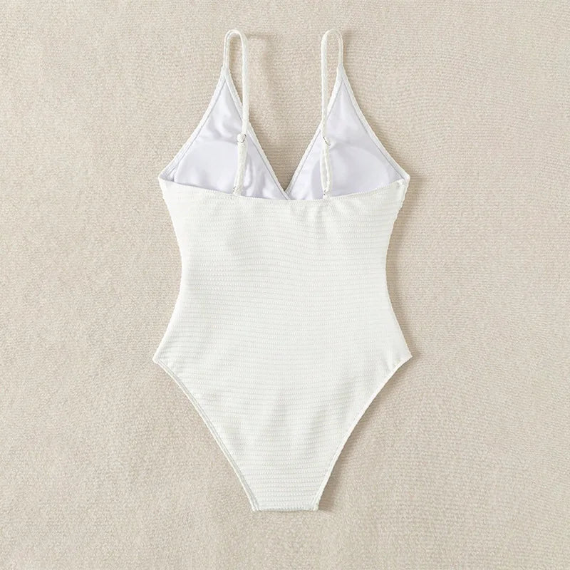 Sexy White Black Swimwear Women 2026 Deep V Neck Hollow Out Ring Linked Slim Fit One Piece Swimsuit Beach Bathing Suit Monokini