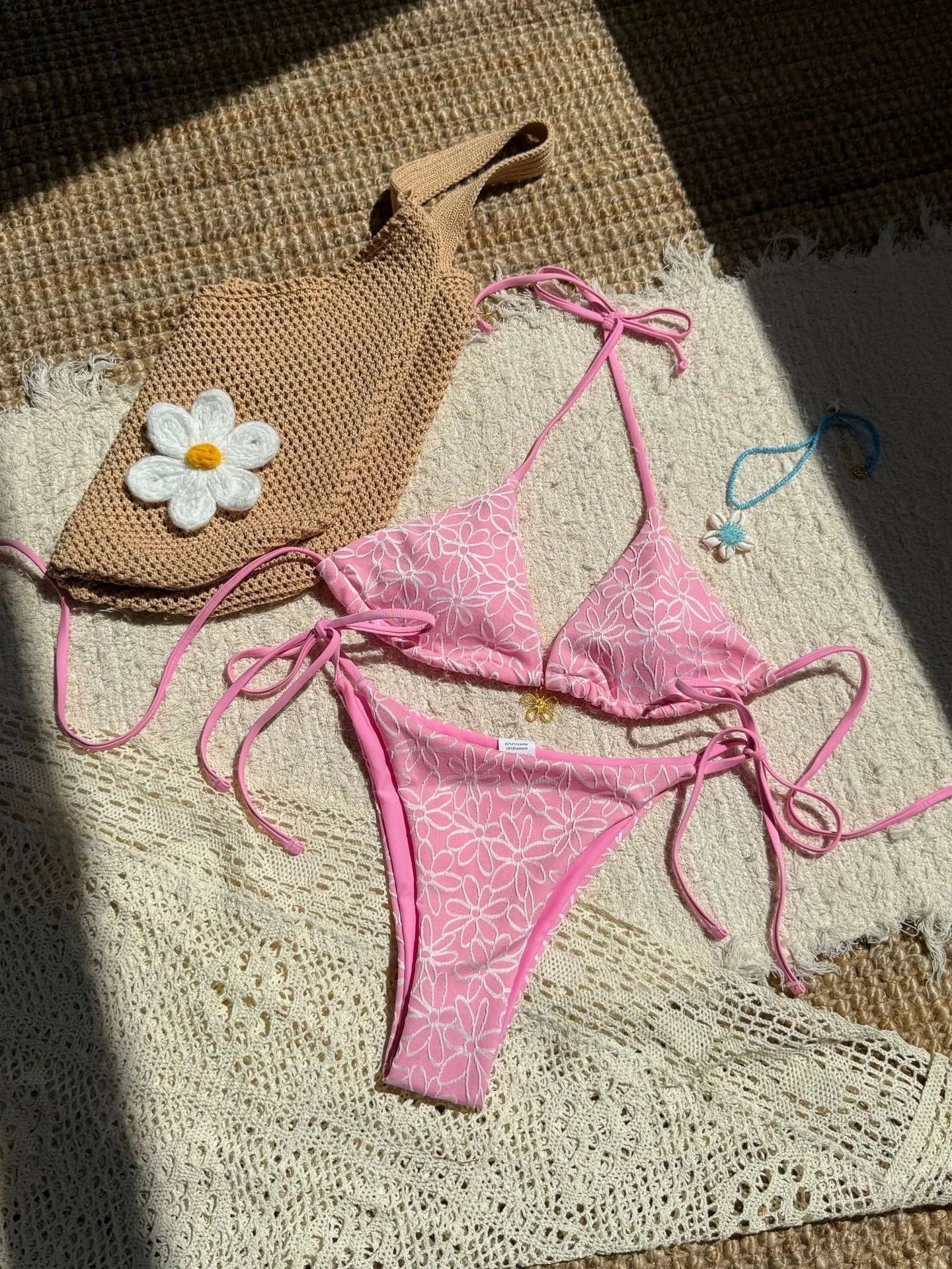 Sexy Pink Mesh Flower Bikini Set Women Halter Push Up Bra Bandage Triangle Swimsuit 2025 Summer Bathing Suit Vacation Swimwear