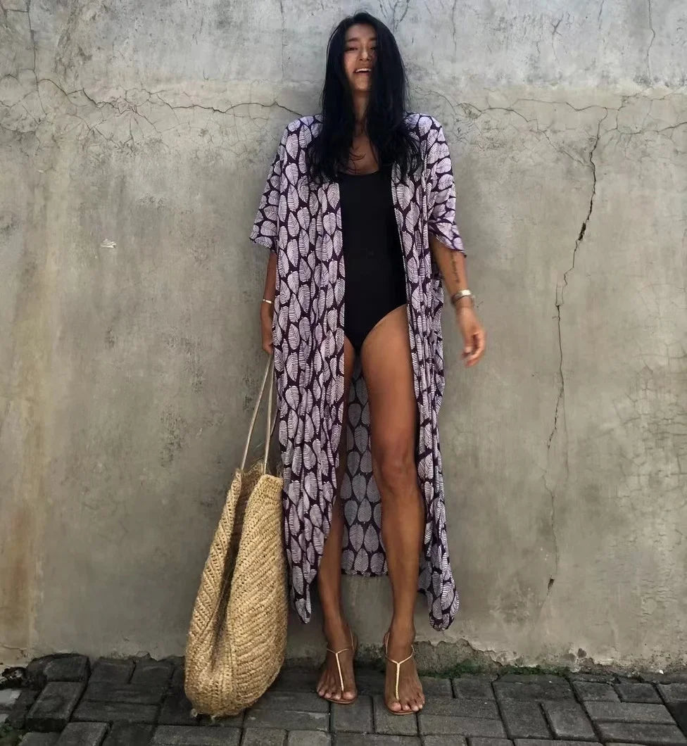 2024 New Summer Sexy Beach Kimono Swimwear Cotton Cover Up Swimsuit Women Print Bikini Cover Up Beachwear Dress Robe