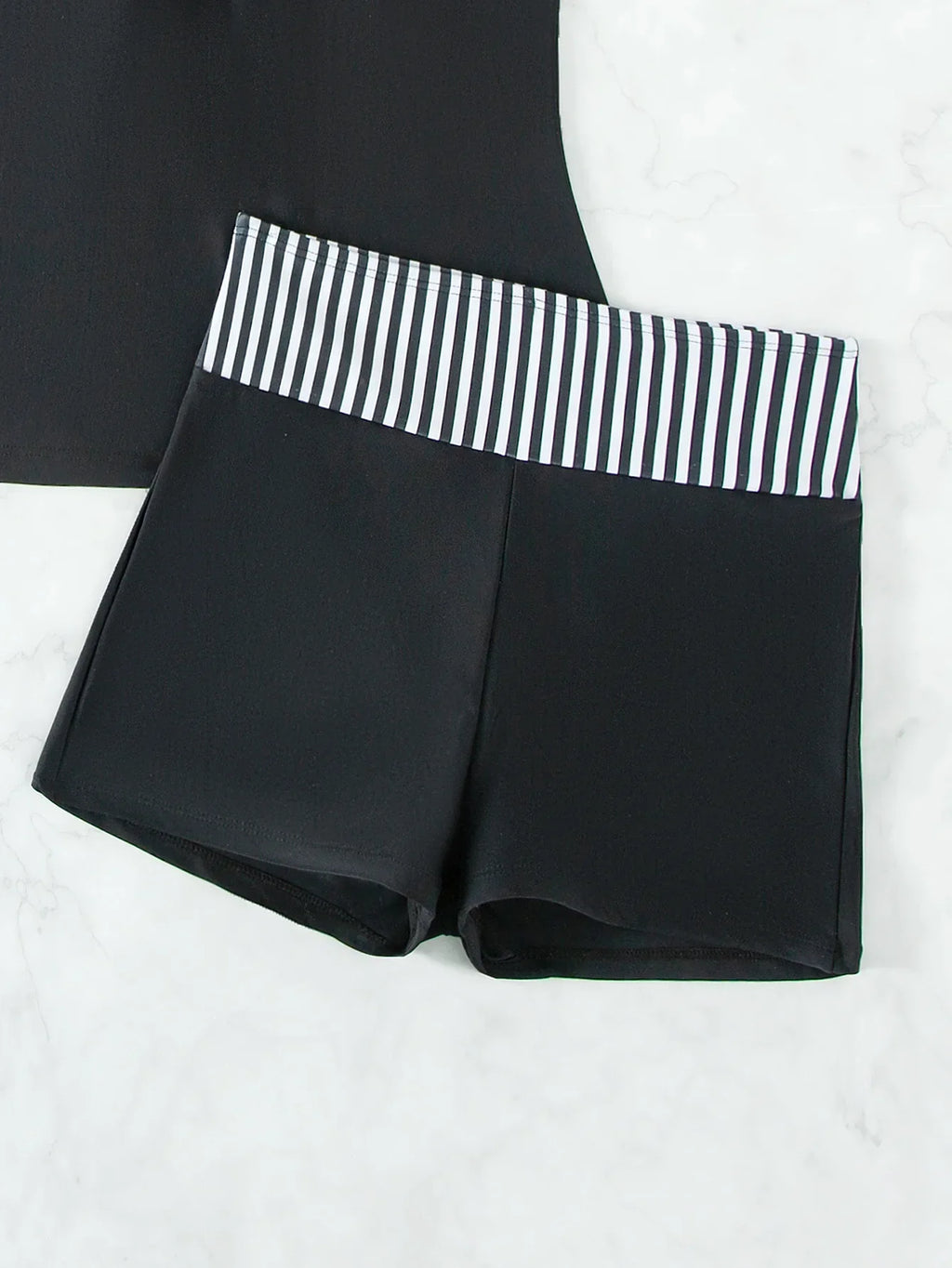 Women's Conservative Two Piece Swimsuit Black Stripe Print Patchwork Crop Top Tankini Set Beach Bathing Suit High Waist Swimwear