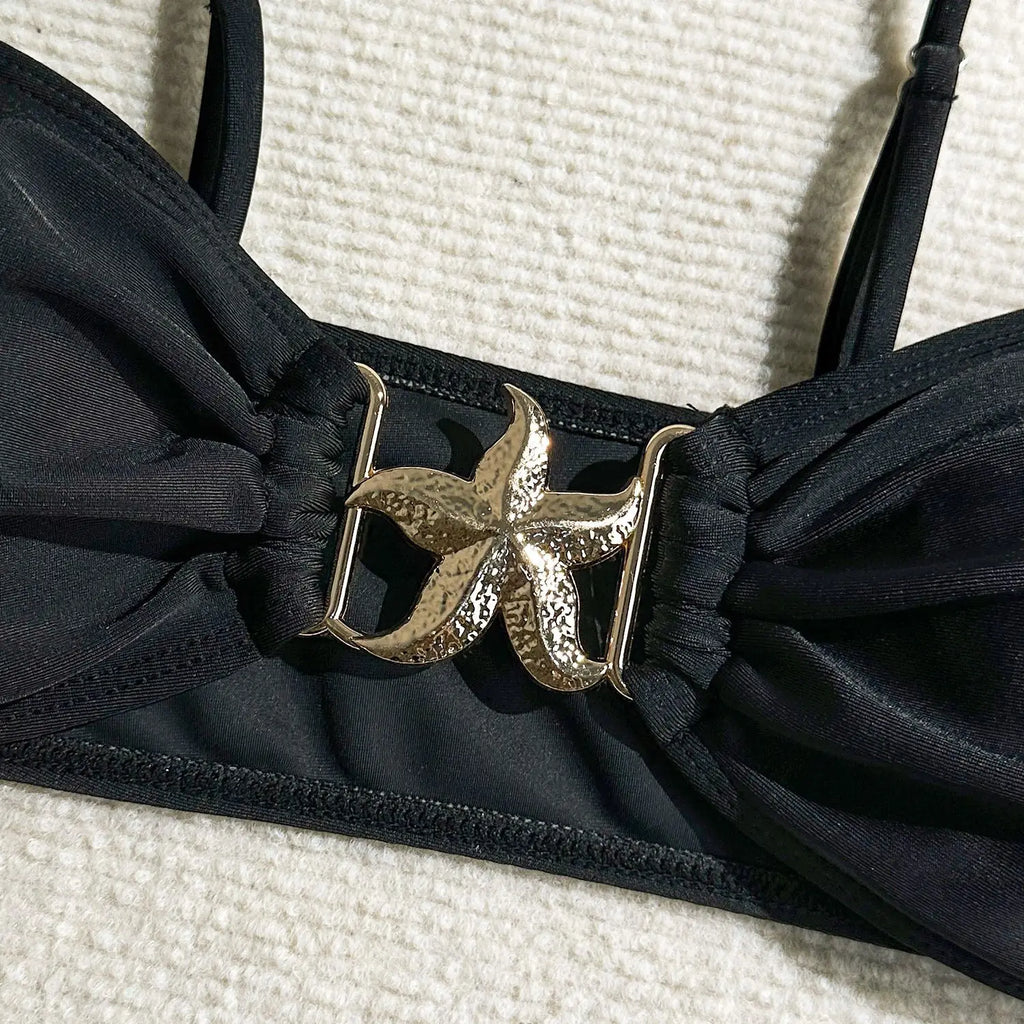 Sexy White Black Skirt 3 Piece Bikini Set 2025 Women Starfish Ornament Push Up High Waist Swimsuit Beach Bathing Suit Swimwear