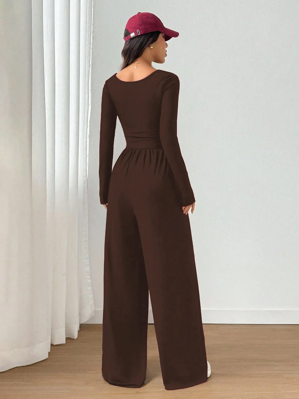 Women's Casual Solid Color Square Neck Long Sleeve A-Line Jumpsuit Pleating Wide Leg Loose Mopping Jumpsuit Spring/Fall 2026