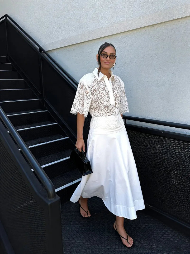 Trendix Lace Short Sleeve Blouse Women Summer Commuting Hollow Out Button Pullover Tops Street Casual Sheer Party Elegant Shirts